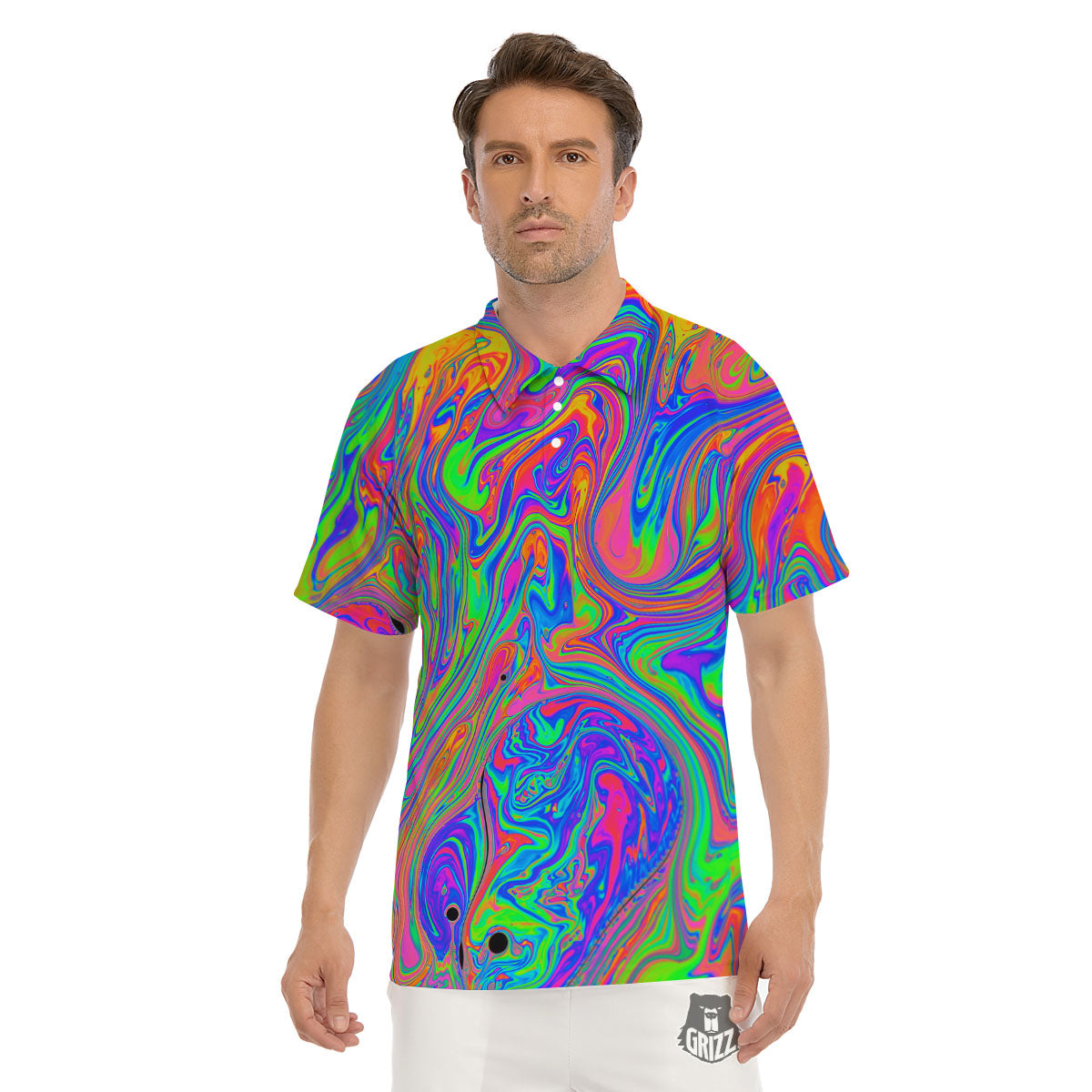 Pink Psychedelic Trippy Neon Green Print Men's Golf Shirts-grizzshop