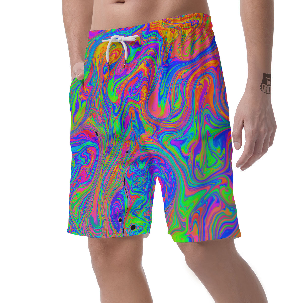 Pink Psychedelic Trippy Neon Green Print Men's Shorts-grizzshop