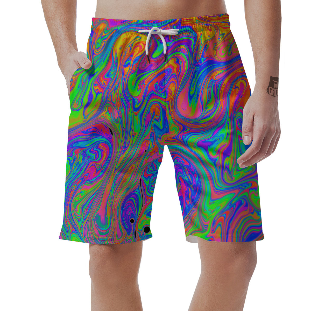 Pink Psychedelic Trippy Neon Green Print Men's Shorts-grizzshop