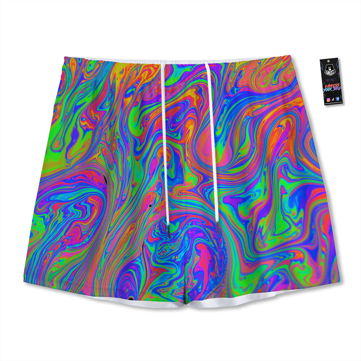 Pink Psychedelic Trippy Neon Green Print Mesh Shorts