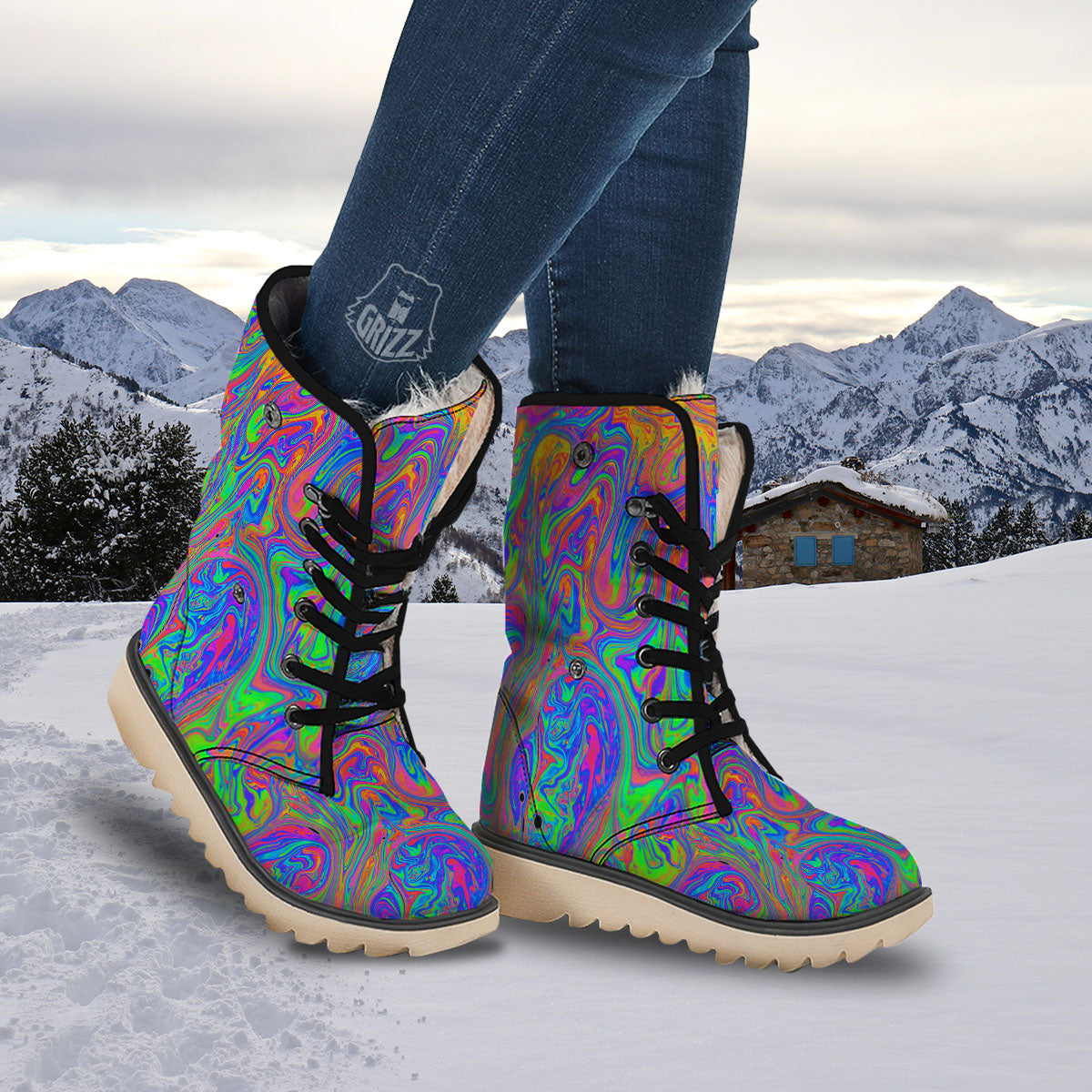 Pink Psychedelic Trippy Neon Green Print Snow Boots-grizzshop