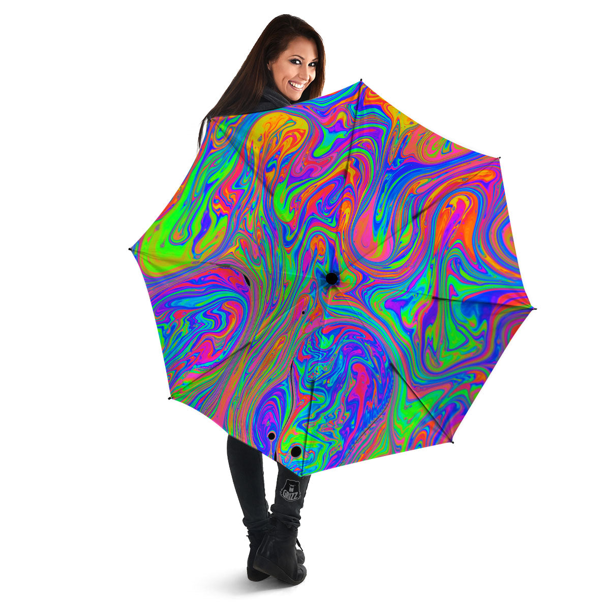 Pink Psychedelic Trippy Neon Green Print Umbrella-grizzshop