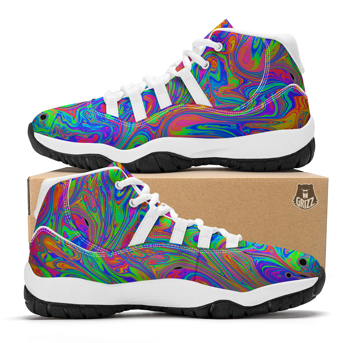 Pink Psychedelic Trippy Neon Green Print White Bball Shoes-grizzshop