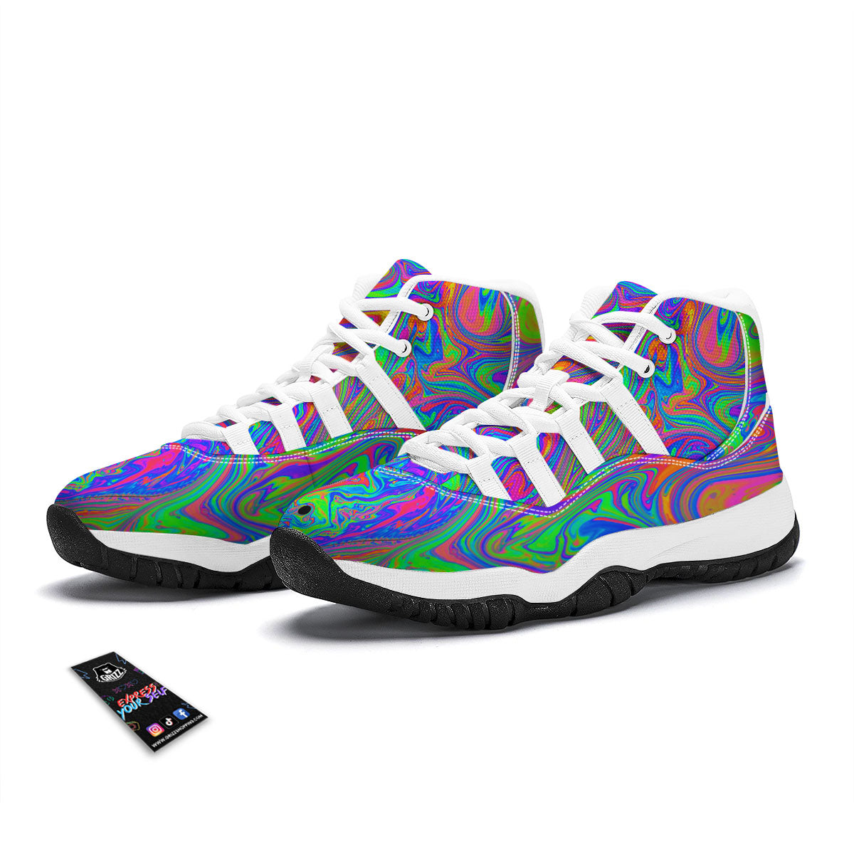 Pink Psychedelic Trippy Neon Green Print White Bball Shoes-grizzshop