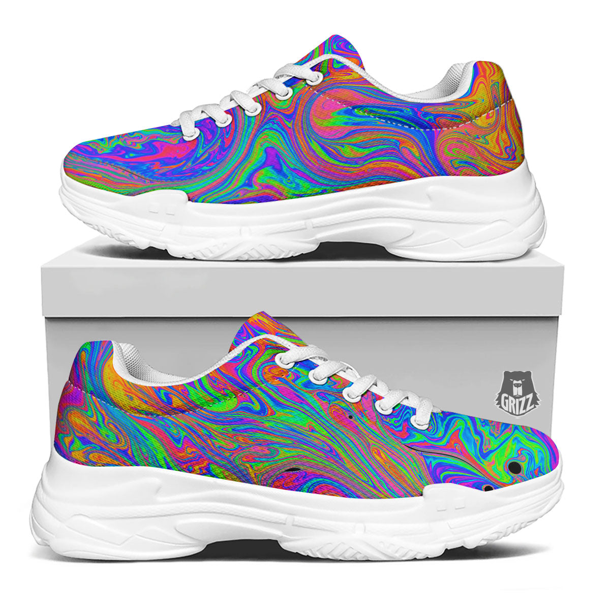 Pink Psychedelic Trippy Neon Green Print White Chunky Shoes-grizzshop