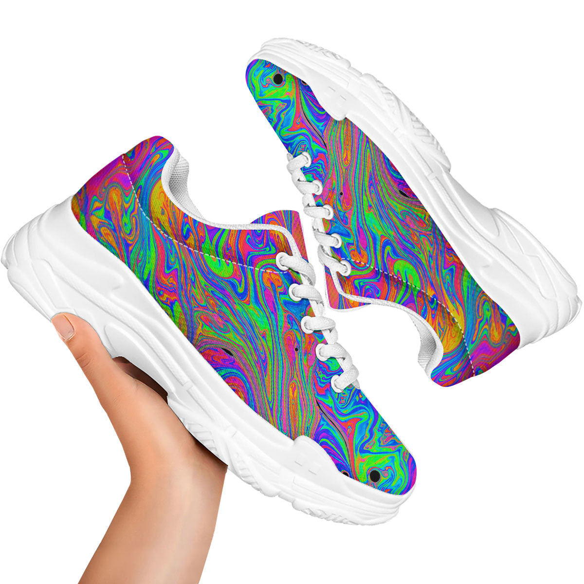 Pink Psychedelic Trippy Neon Green Print White Chunky Shoes-grizzshop