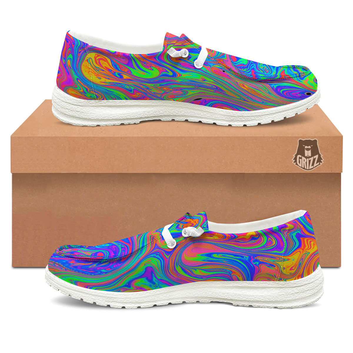 Pink Psychedelic Trippy Neon Green Print White Loafers-grizzshop