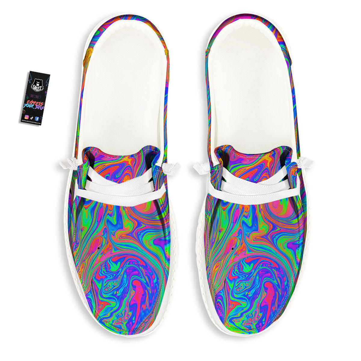 Pink Psychedelic Trippy Neon Green Print White Loafers-grizzshop