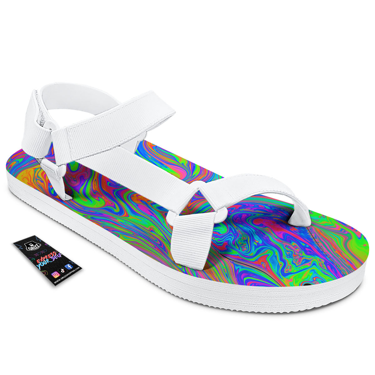 Pink Psychedelic Trippy Neon Green Print White Open Toe Sandals-grizzshop