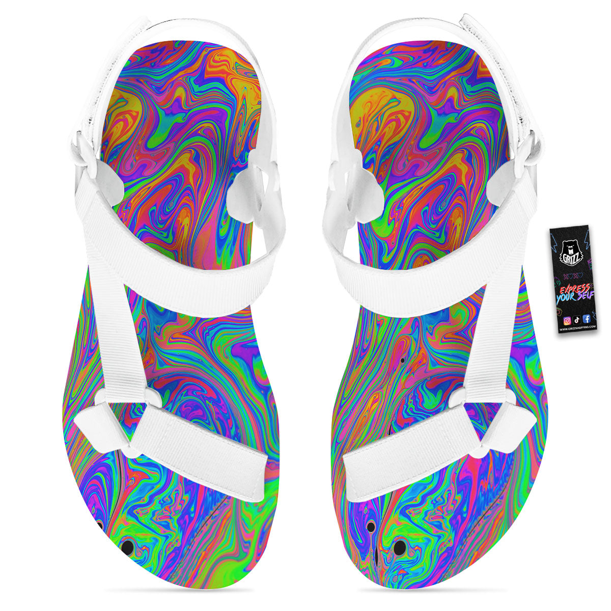 Pink Psychedelic Trippy Neon Green Print White Open Toe Sandals-grizzshop