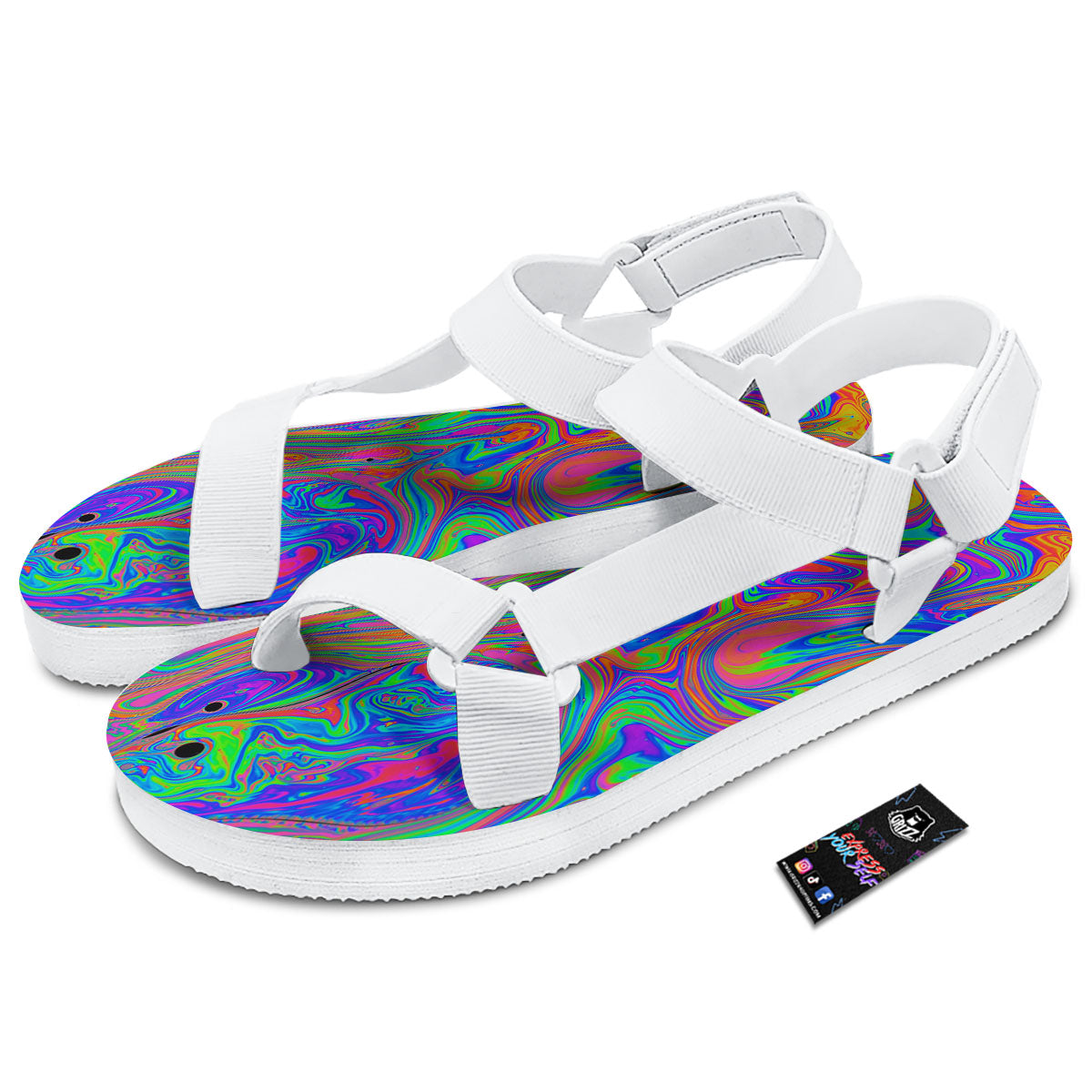 Pink Psychedelic Trippy Neon Green Print White Open Toe Sandals-grizzshop