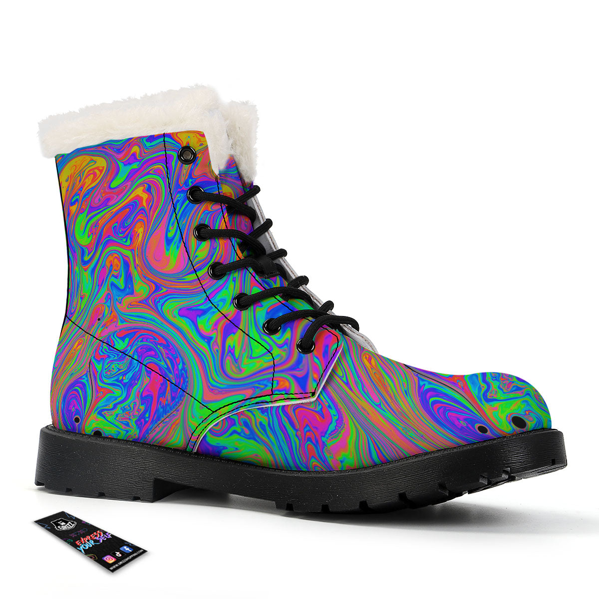 Pink Psychedelic Trippy Neon Green Print Winter Boots-grizzshop