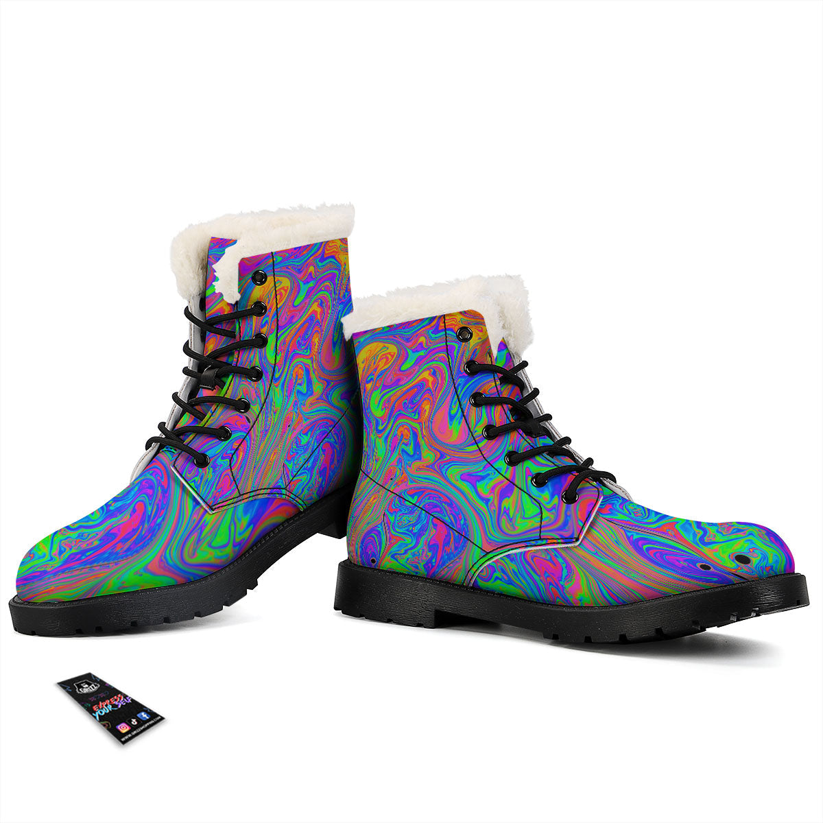 Pink Psychedelic Trippy Neon Green Print Winter Boots-grizzshop