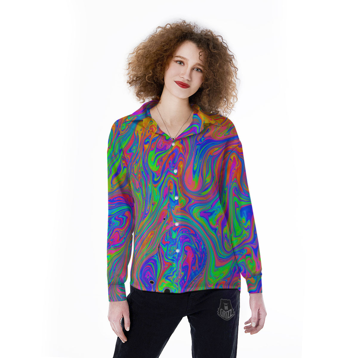 Pink Psychedelic Trippy Neon Green Print Women's Long Sleeve Shirts-grizzshop