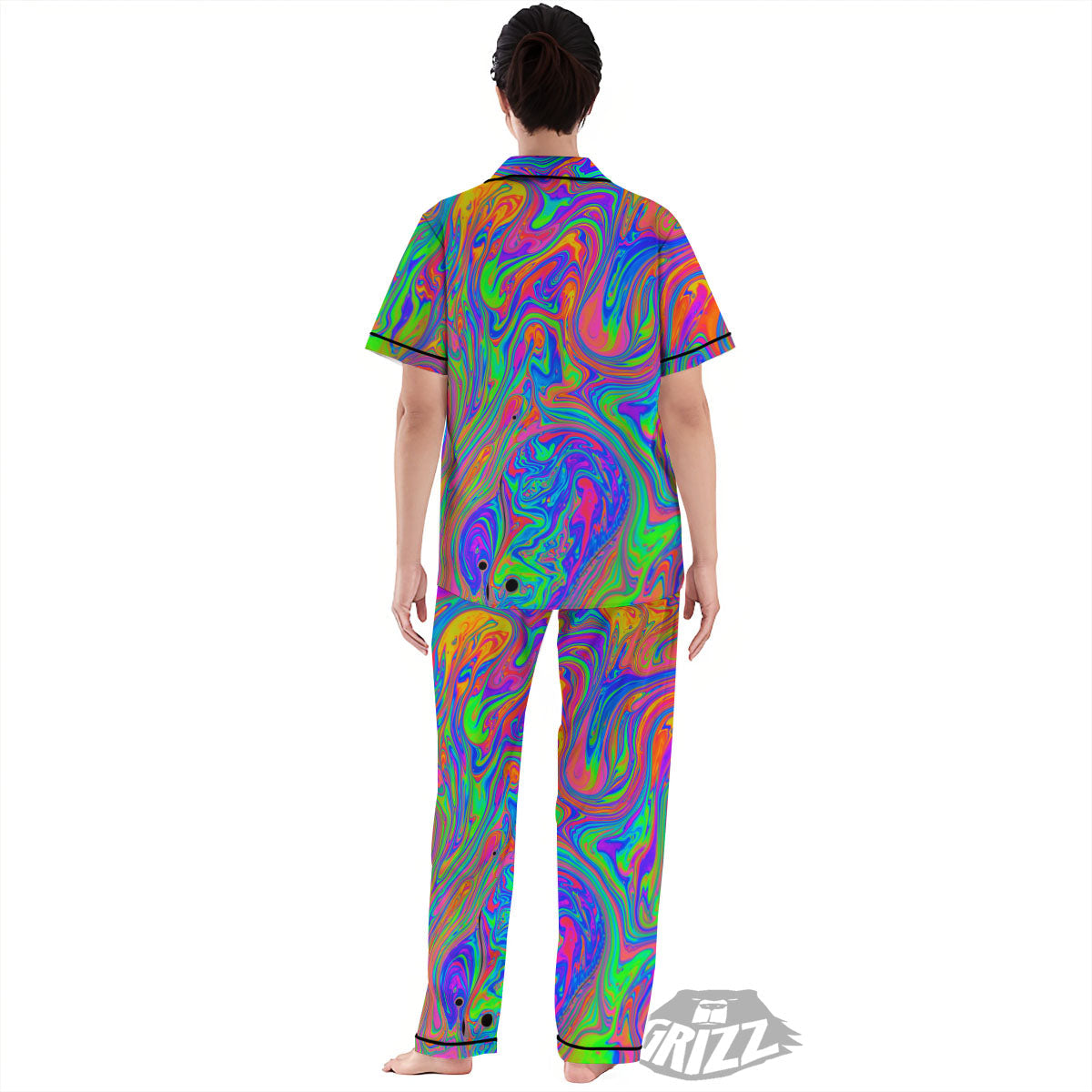 Pink Psychedelic Trippy Neon Green Print Women's Pajamas Set-grizzshop