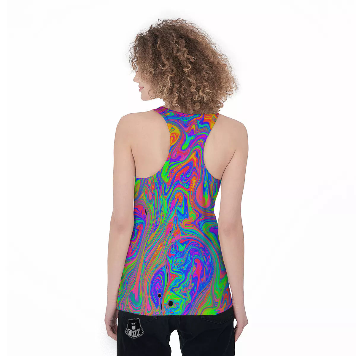 Pink Psychedelic Trippy Neon Green Print Women's Racerback Tank Top-grizzshop