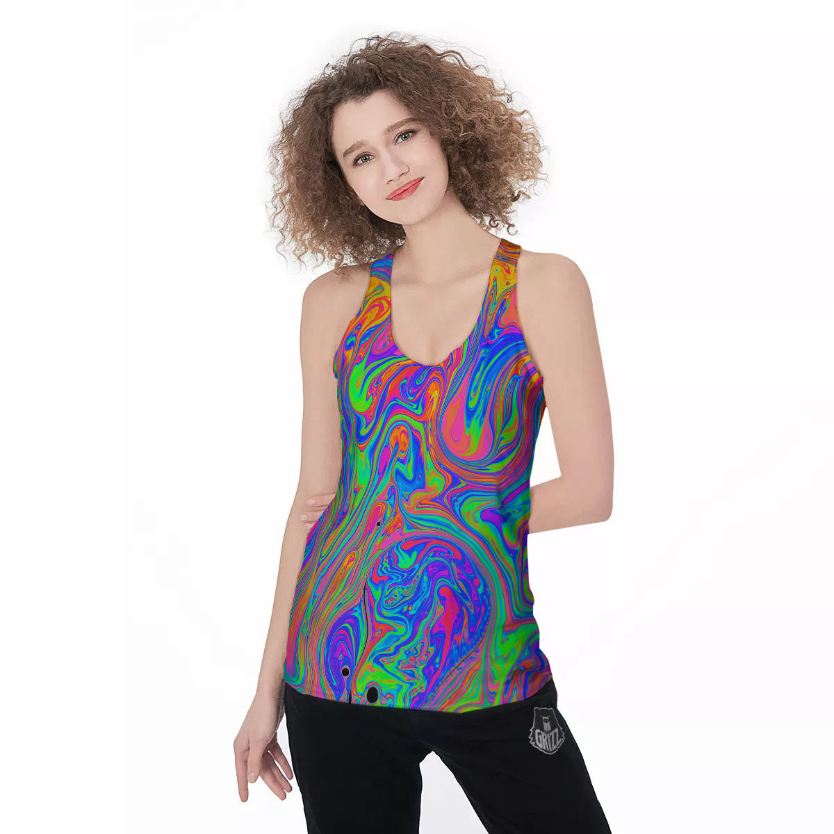 Pink Psychedelic Trippy Neon Green Print Women's Racerback Tank Top-grizzshop