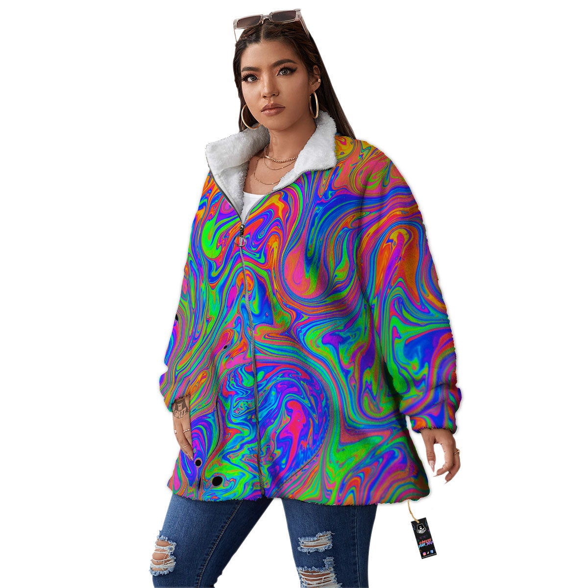 Pink Psychedelic Trippy Neon Green Print Women's Sherpa Jacket-grizzshop