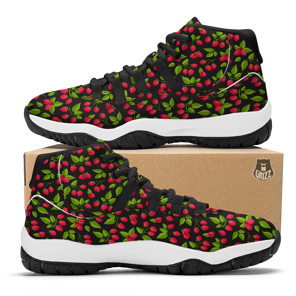 Pink Raspberry With Leaf Print Pattern Black Bball Shoes-grizzshop