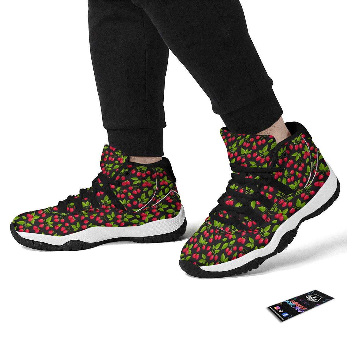 Pink Raspberry With Leaf Print Pattern Black Bball Shoes-grizzshop
