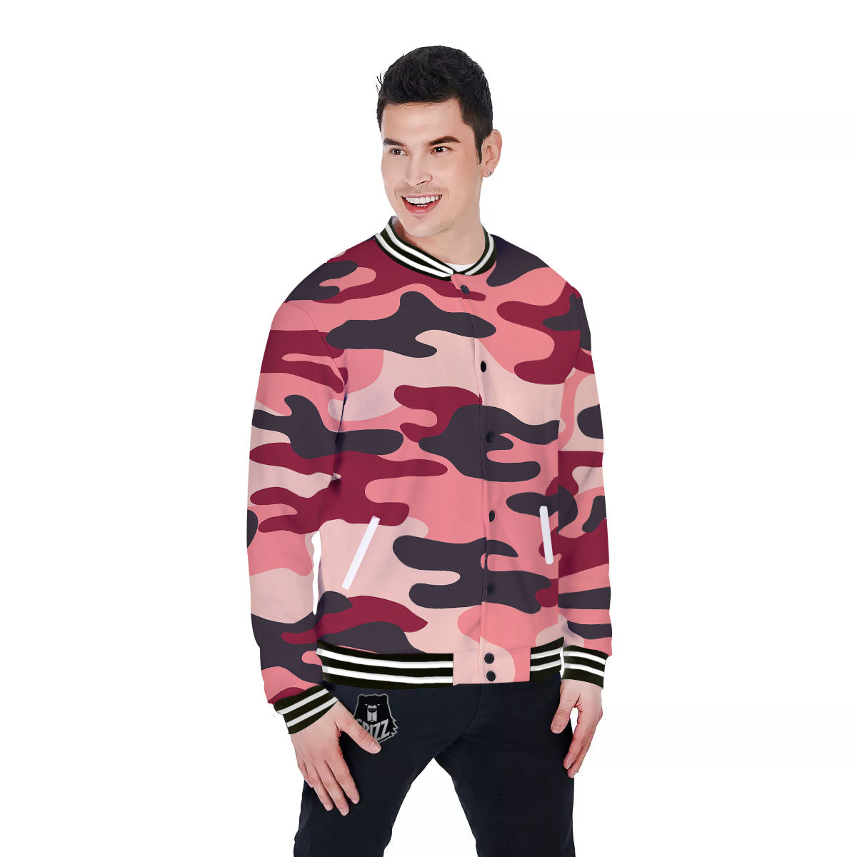 Pink Red And Black Camouflage Print Baseball Jacket-grizzshop