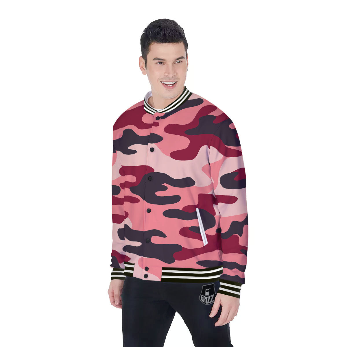 Pink Red And Black Camouflage Print Baseball Jacket-grizzshop