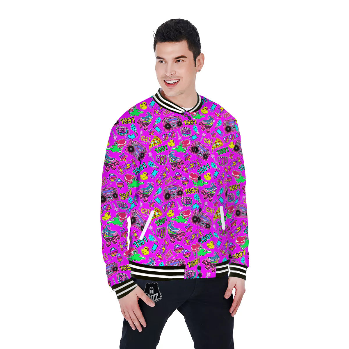 Pink Retro Stickers 90s Print Pattern Baseball Jacket-grizzshop