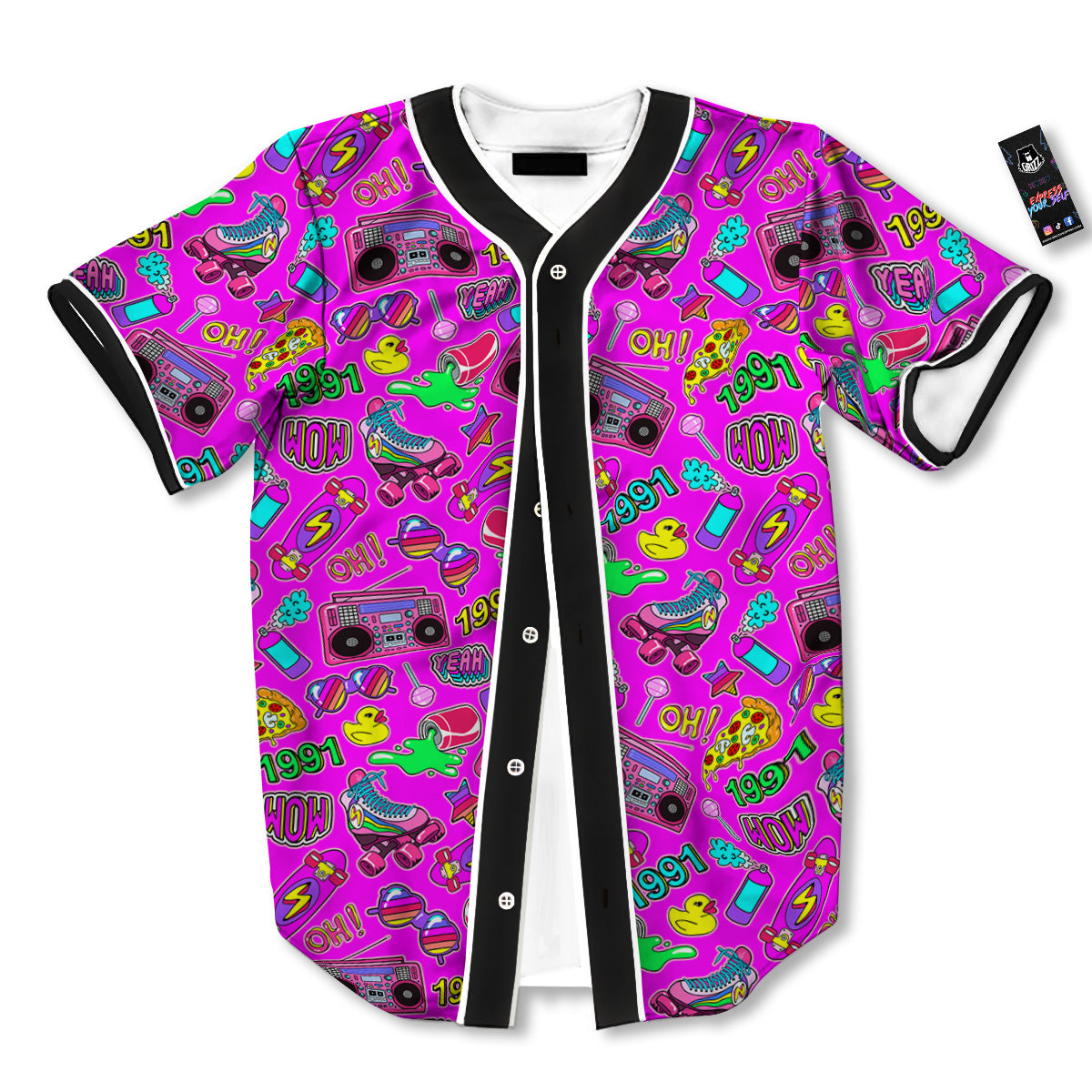 Pink Retro Stickers 90s Print Pattern Baseball Jersey-grizzshop