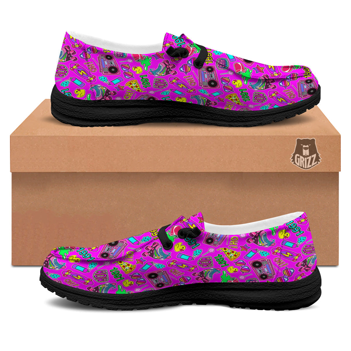 Pink Retro Stickers 90s Print Pattern Black Loafers-grizzshop