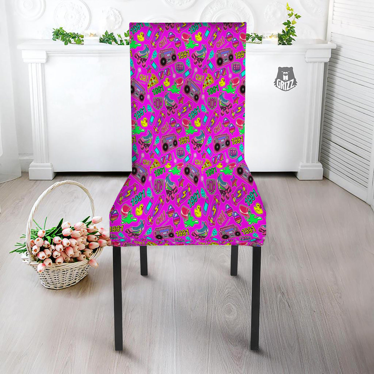 Pink Retro Stickers 90s Print Pattern Dining Chair Slipcover-grizzshop