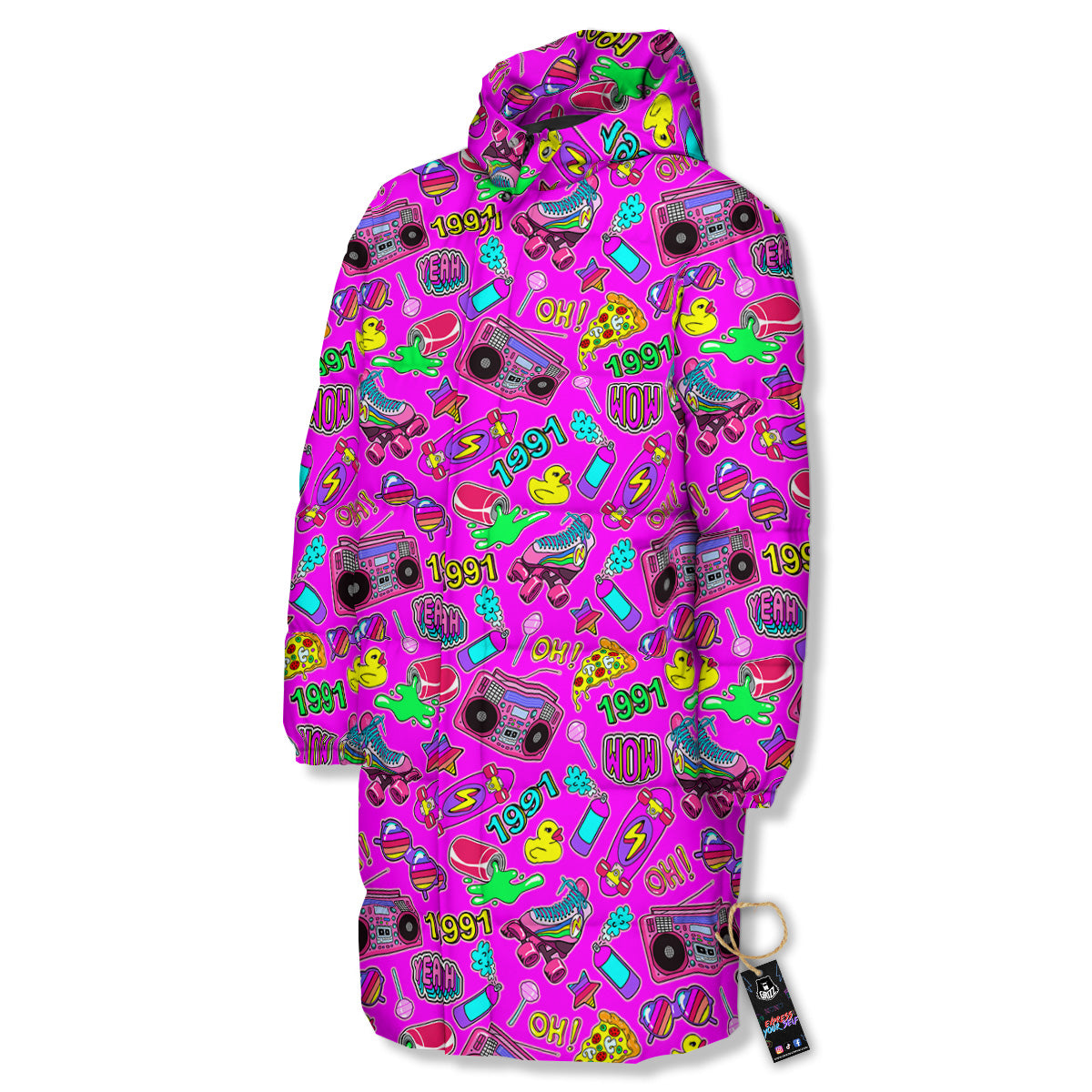 Pink Retro Stickers 90s Print Pattern Long Down Jacket-grizzshop