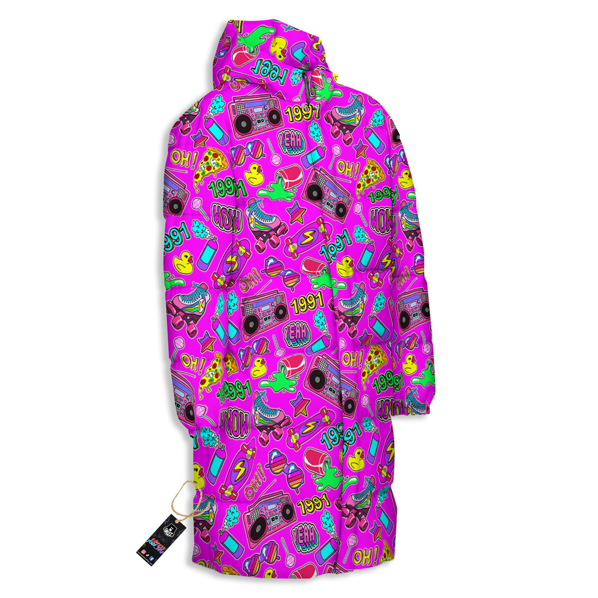 Pink Retro Stickers 90s Print Pattern Long Down Jacket-grizzshop