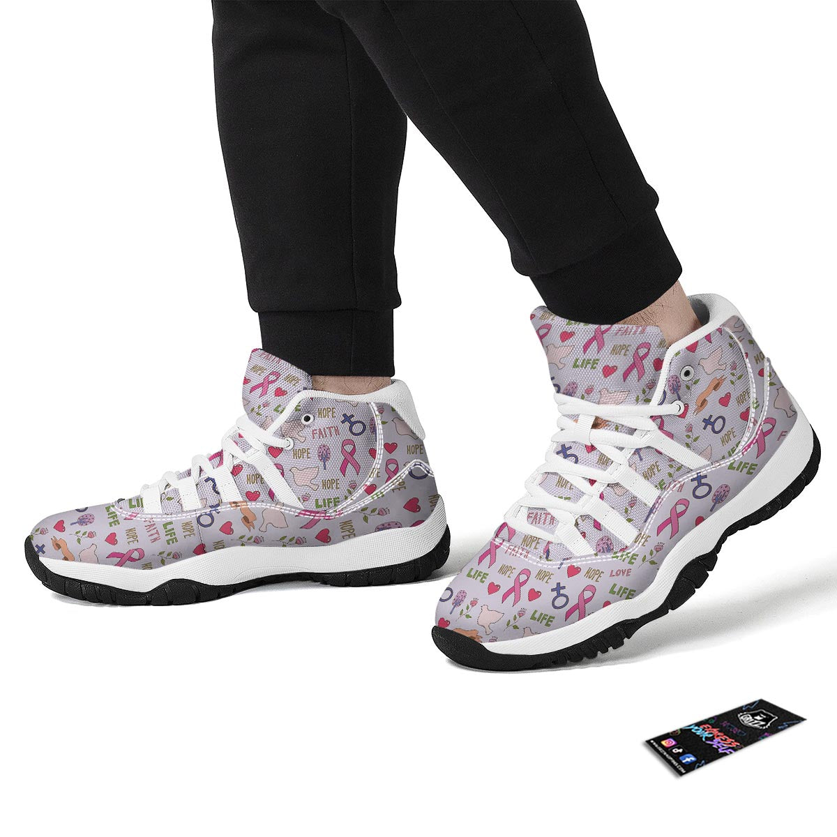 Pink Ribbon Breast Cancer Awareness Pattern Print White Bball Shoes-grizzshop