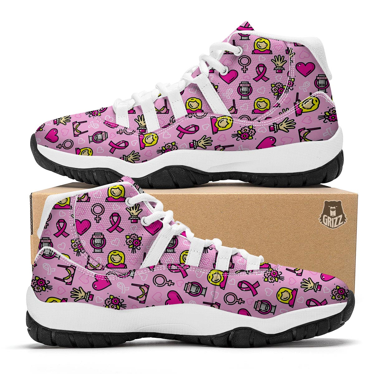 Pink Ribbon Breast Cancer Awareness Print Pattern White Bball Shoes-grizzshop