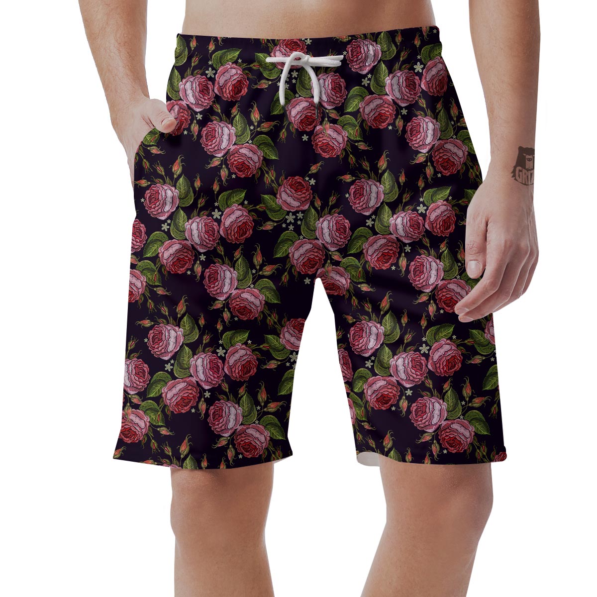 Pink Rose Print Men's Shorts-grizzshop