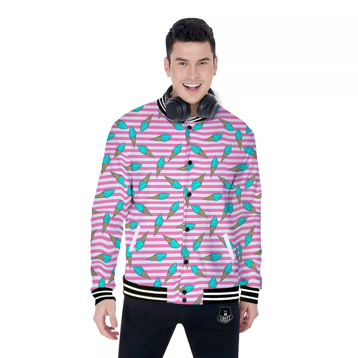 Pink Striped Ice Creams Print Pattern Baseball Jacket-grizzshop