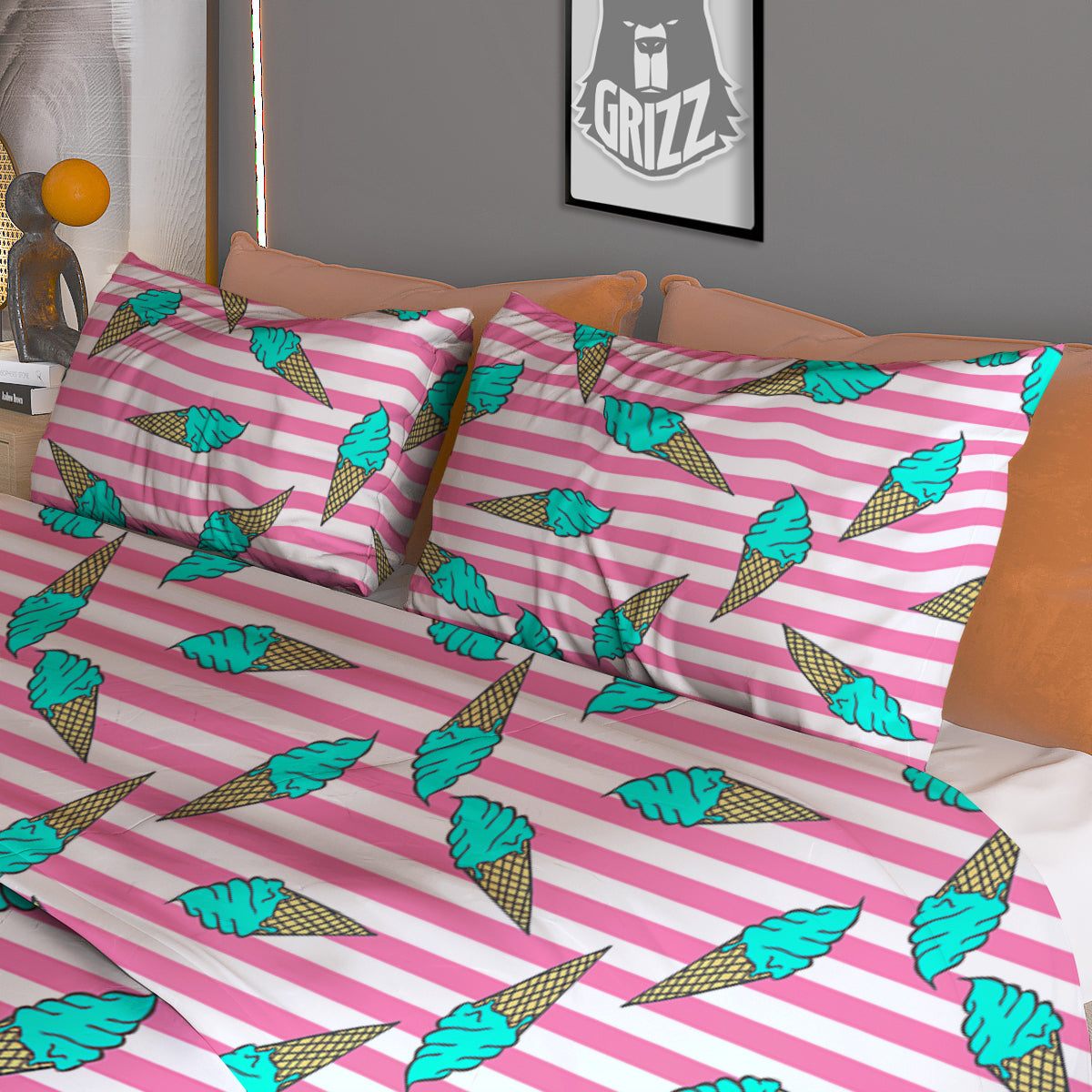 Pink Striped Ice Creams Print Pattern Duvet Cover Bedding Set