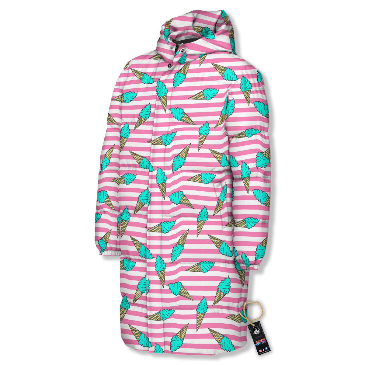 Pink Striped Ice Creams Print Pattern Long Down Jacket-grizzshop