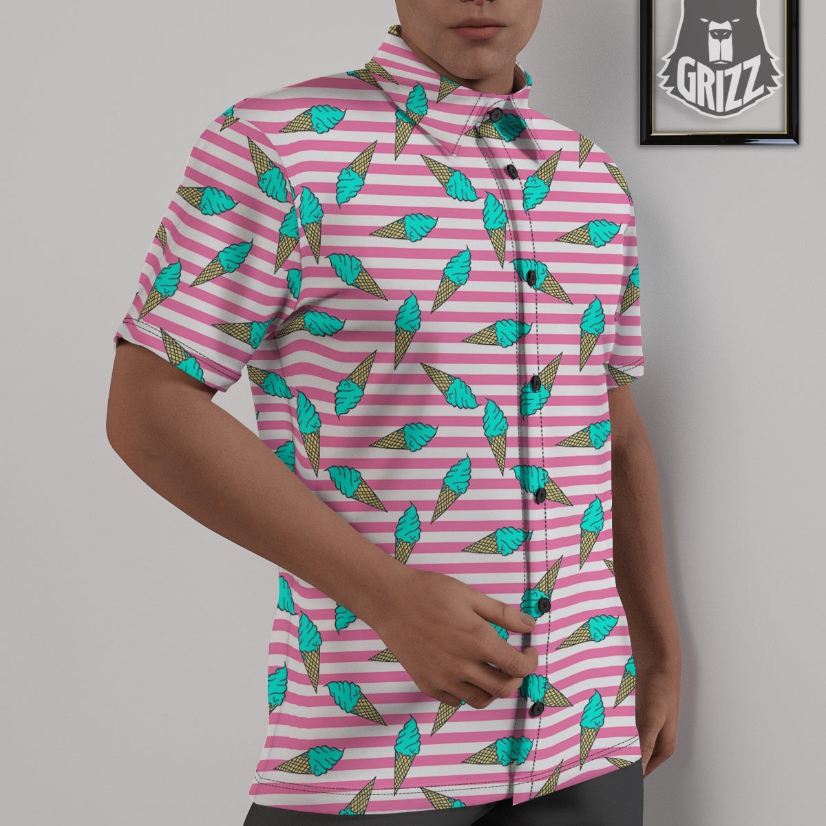 Pink Striped Ice Creams Print Pattern Untucked Shirts-grizzshop