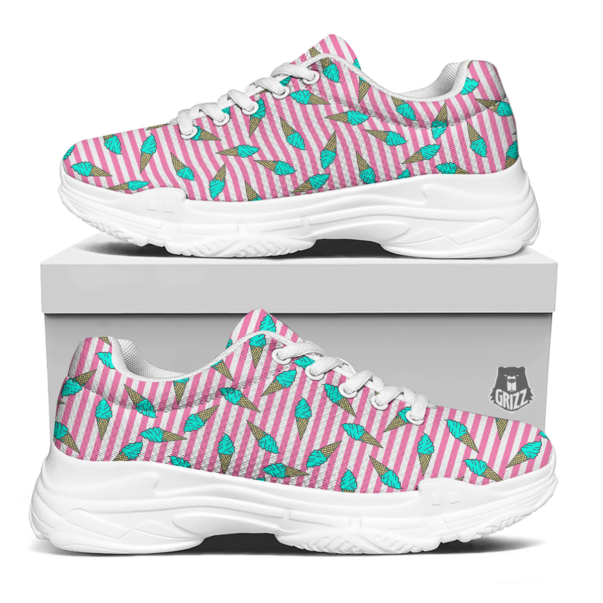 Pink Striped Ice Creams Print Pattern White Chunky Shoes-grizzshop