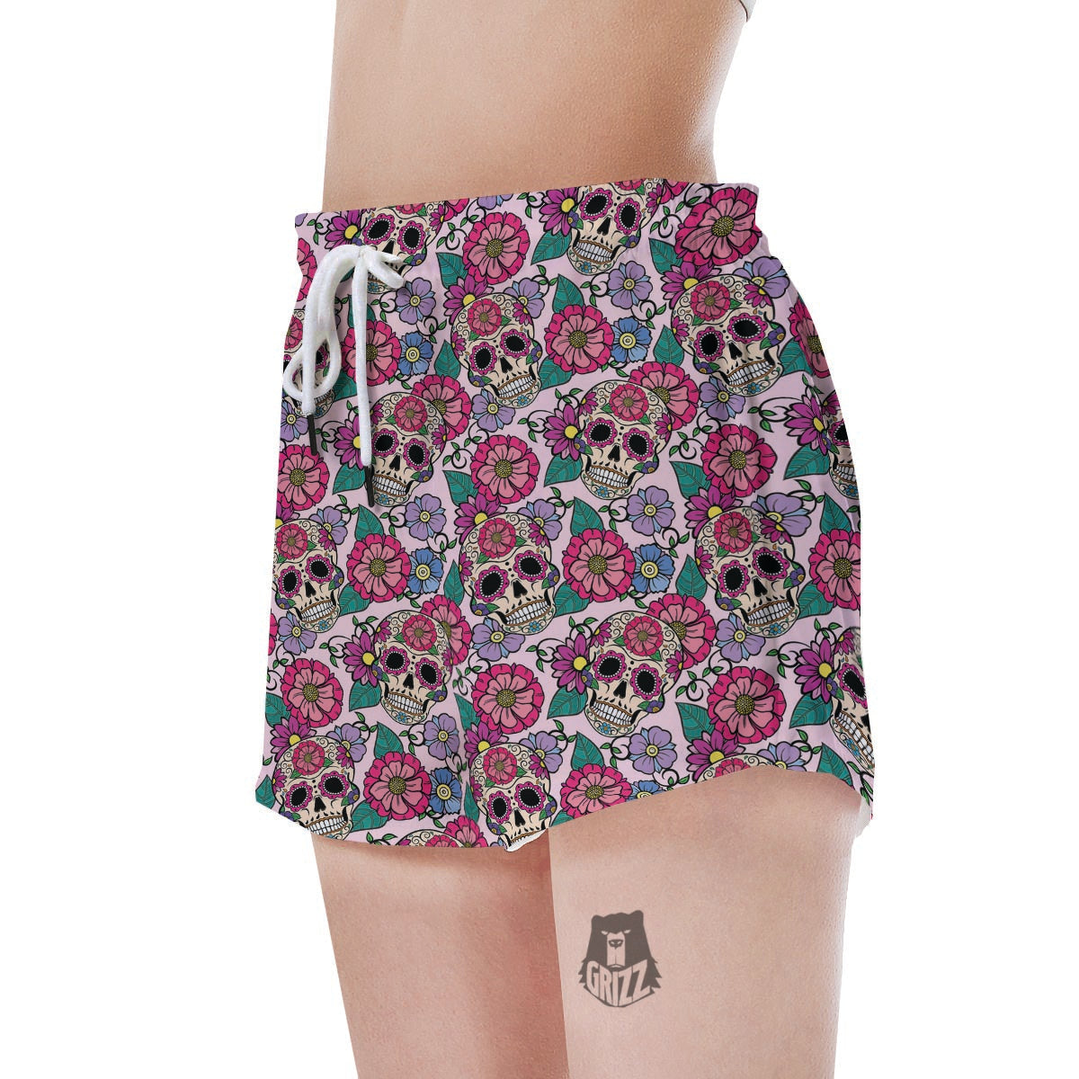 Pink Sugar Skull Floral Women's Shorts-grizzshop