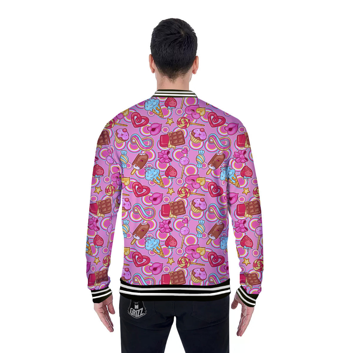 Pink Sweet Candy Print Pattern Baseball Jacket-grizzshop