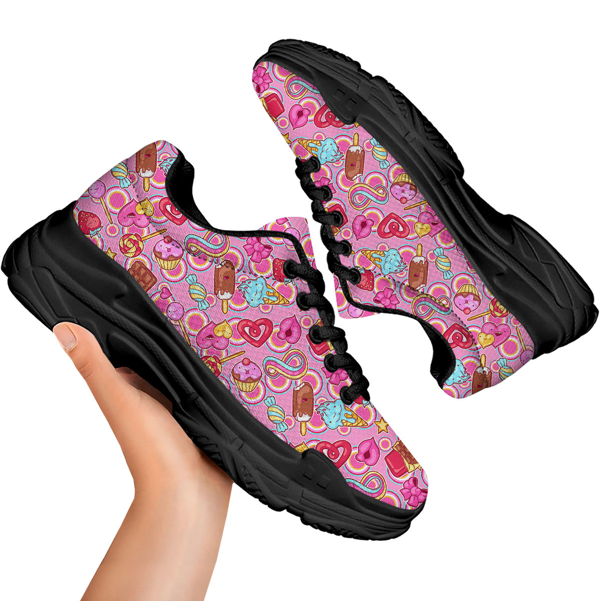 Pink Sweet Candy Print Pattern Black Chunky Shoes-grizzshop