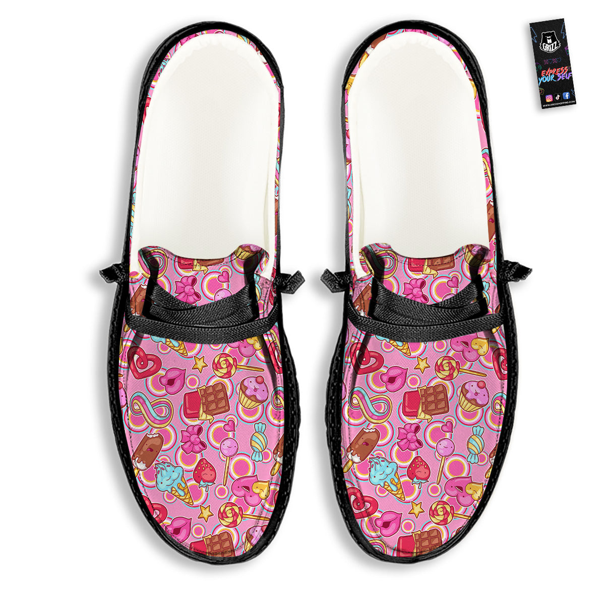 Pink Sweet Candy Print Pattern Black Loafers-grizzshop