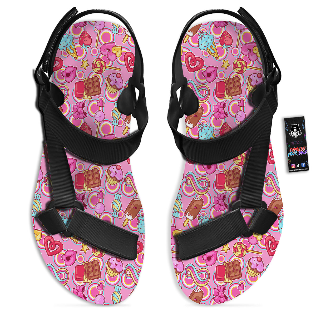 Pink Sweet Candy Print Pattern Black Open Toe Sandals-grizzshop