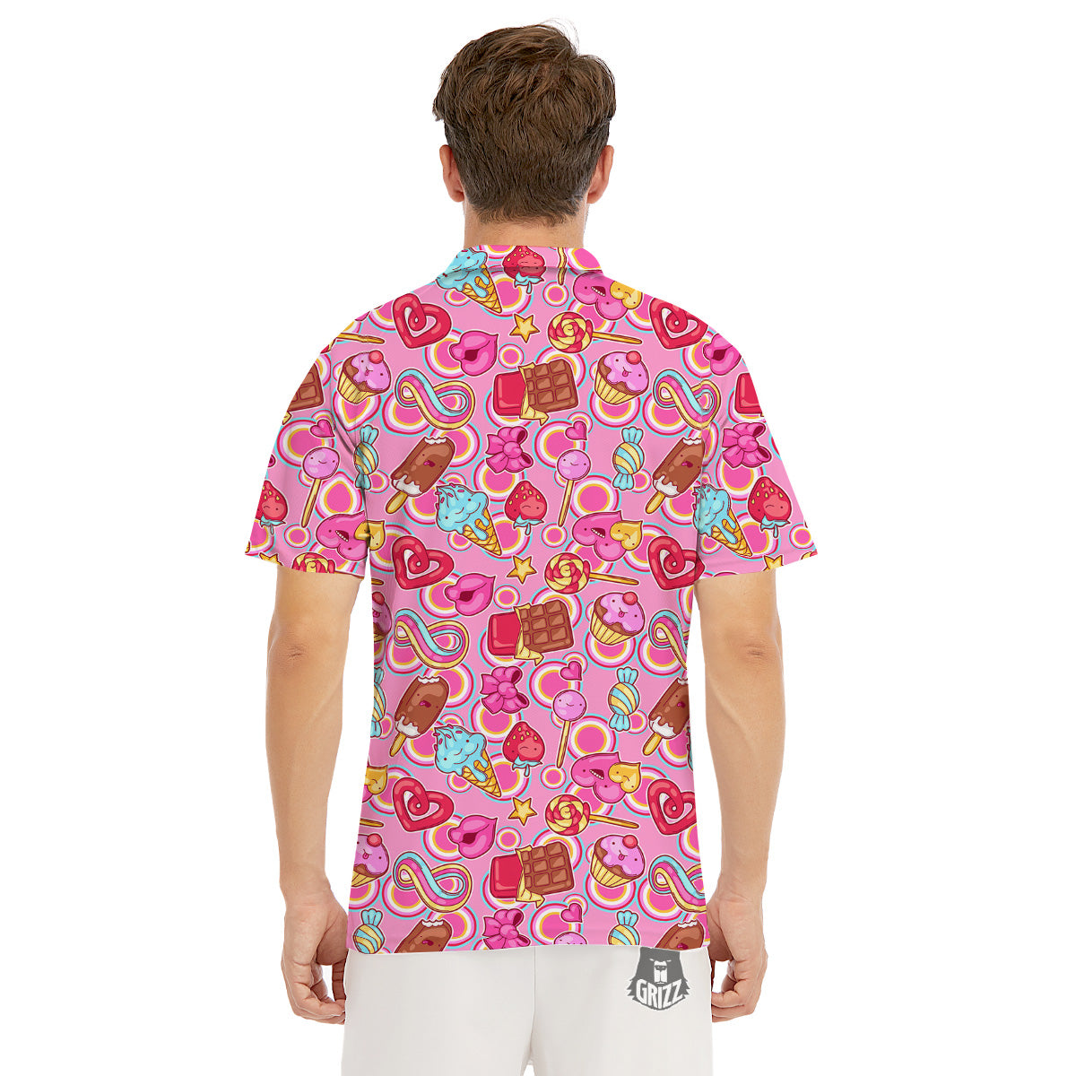Pink Sweet Candy Print Pattern Men's Golf Shirts-grizzshop