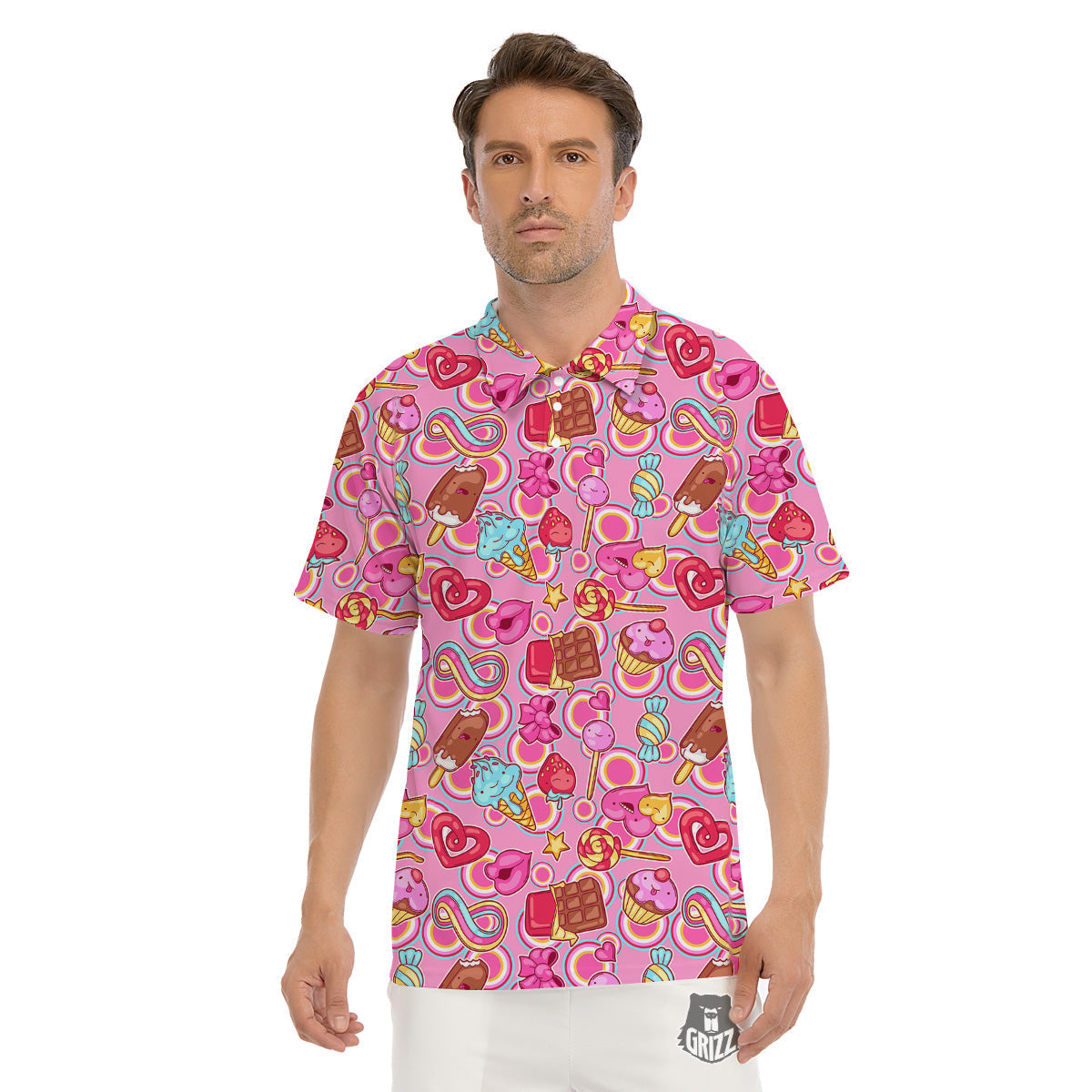 Pink Sweet Candy Print Pattern Men's Golf Shirts-grizzshop