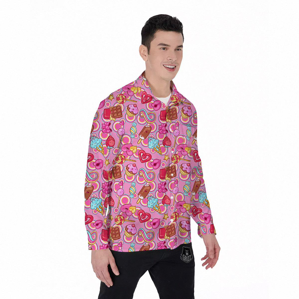 Pink Sweet Candy Print Pattern Men's Long Sleeve Shirts-grizzshop