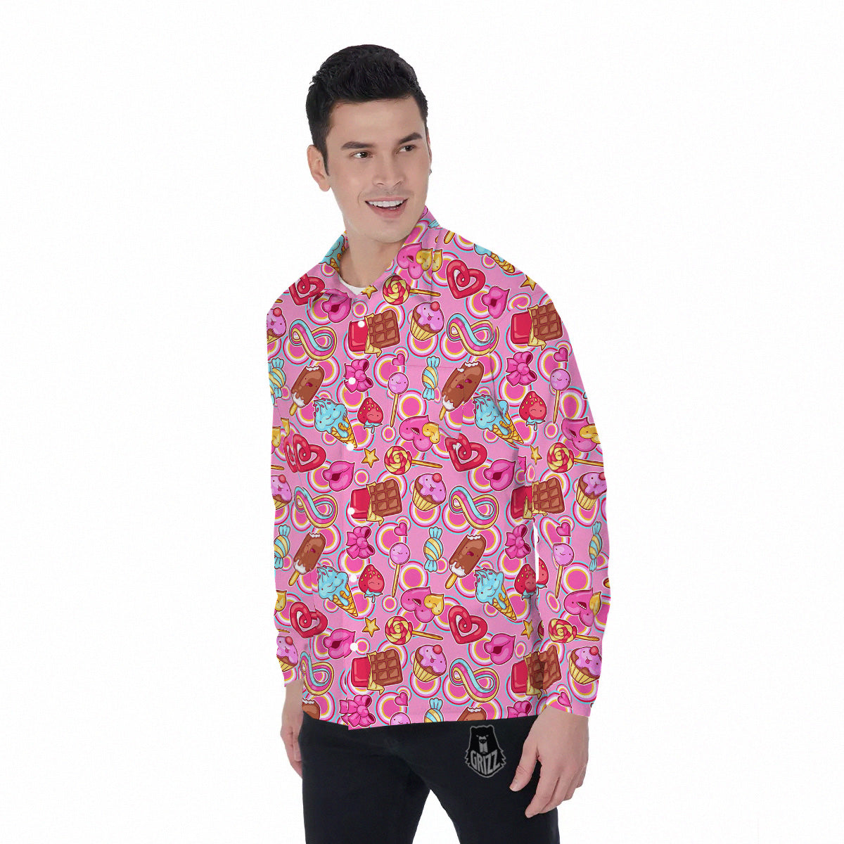 Pink Sweet Candy Print Pattern Men's Long Sleeve Shirts-grizzshop