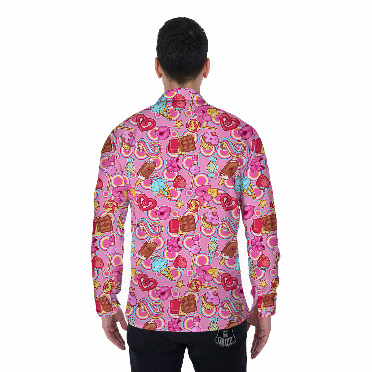 Pink Sweet Candy Print Pattern Men's Long Sleeve Shirts-grizzshop